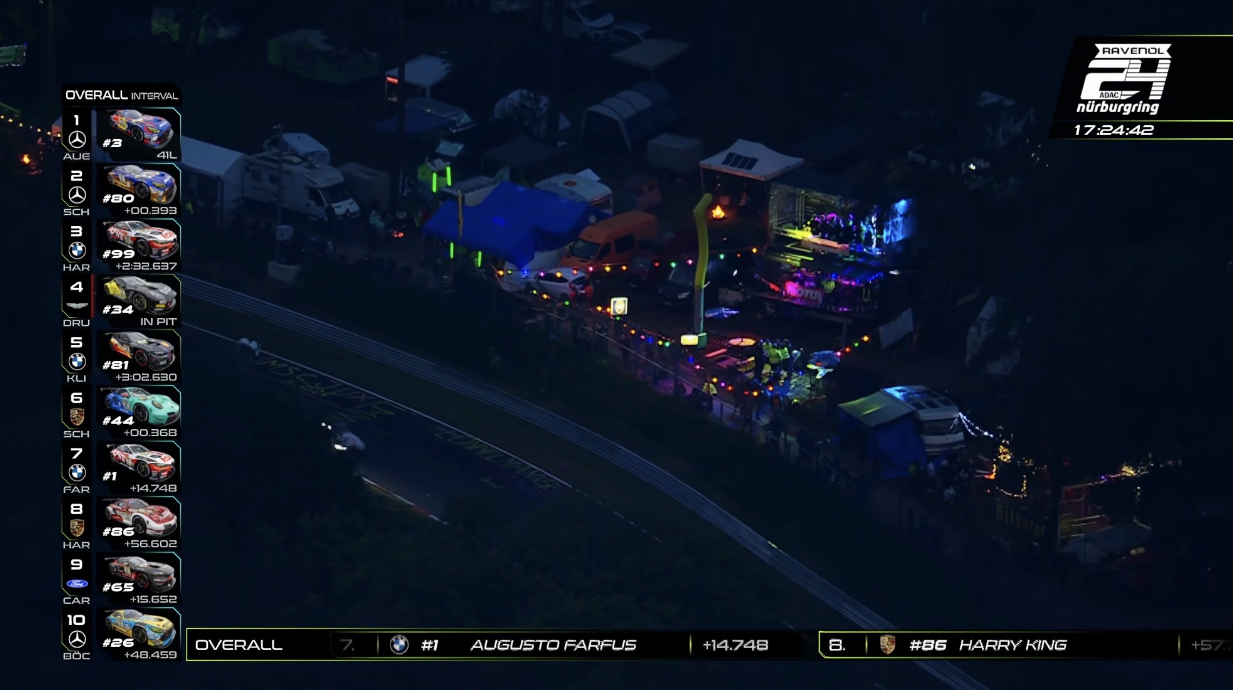 A giant blinky neon dance camp next to the track at the Nürburgring 24