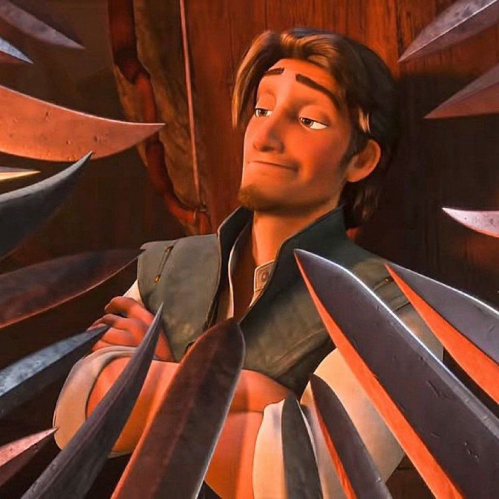 The cartoon smug medieval guy with a dozen swords pointed at his face meme