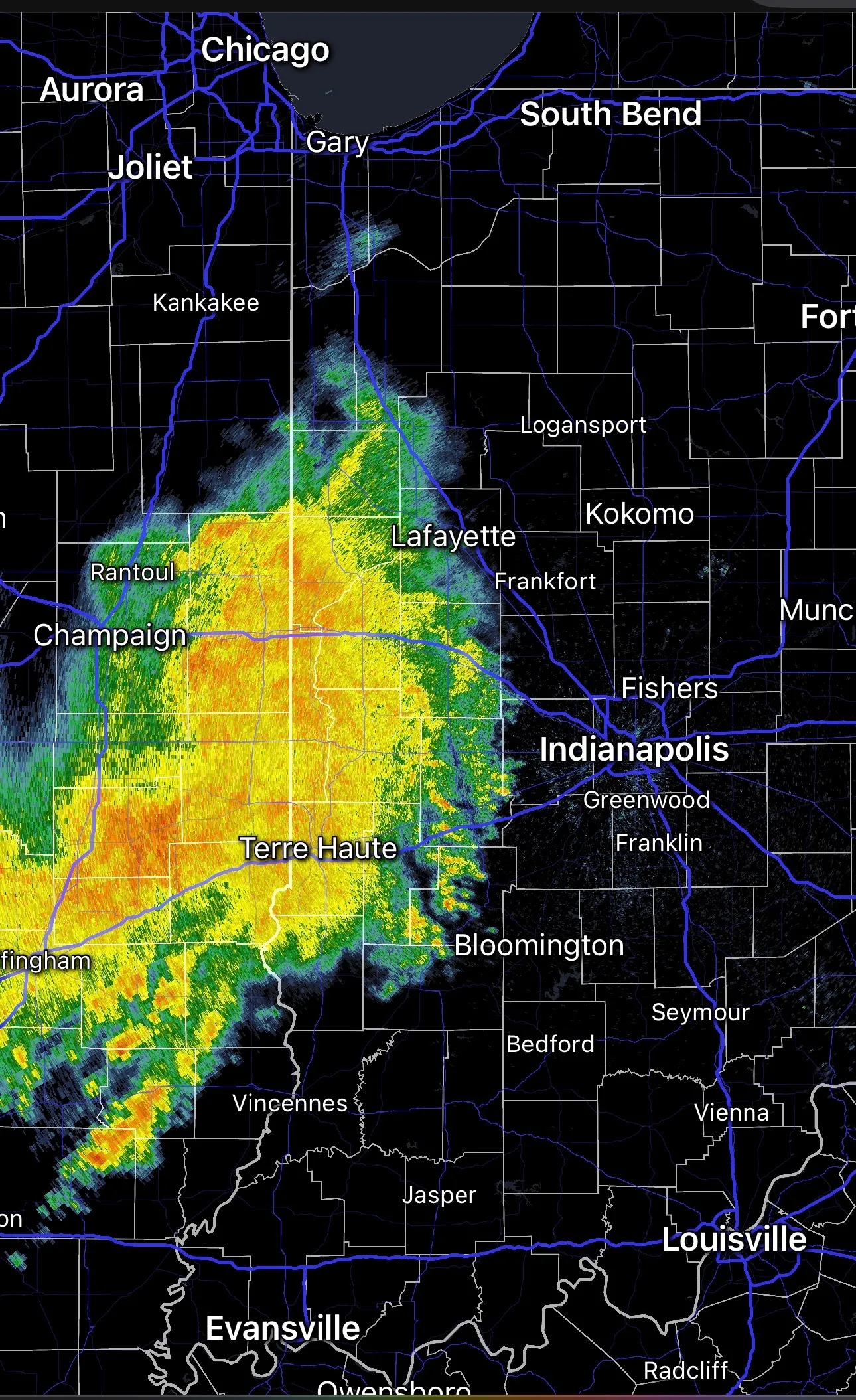A big area of rain heading towards Indianapolis from the west.